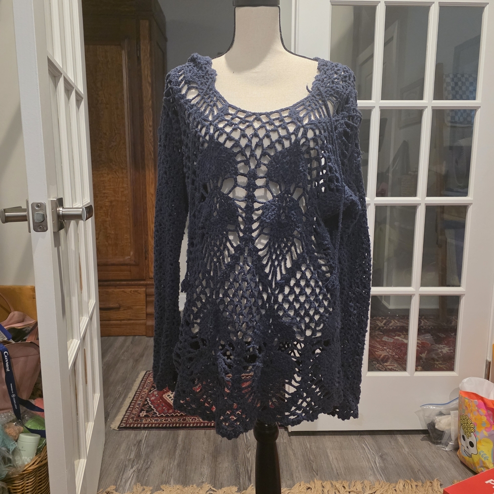 Free People Deep Blue Crochet V-Neck Sweater